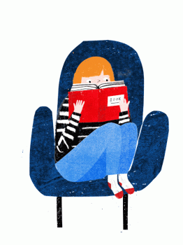 Cute Book Reading Girl On Chair Animated Gif