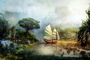 Art Guild Wars 2 Ship Sailing Scenery Mountains Lake Water Ruins Fantasy