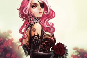 Gothic Glance Pink Color Hair Fantasy Girls Roses Flowers Cleavages Redhead Face Eyes Women Females Babes
