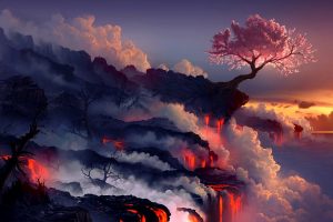 Landscapes Cherry Blossoms Trees Sea Lava Smoke Rocks Artwork Drawings Get Neat Image For Free