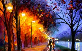 Walk Along The Waterfront Leonid Afremov Tour Two Umbrella Lights Paints Painting Picture Trees Street